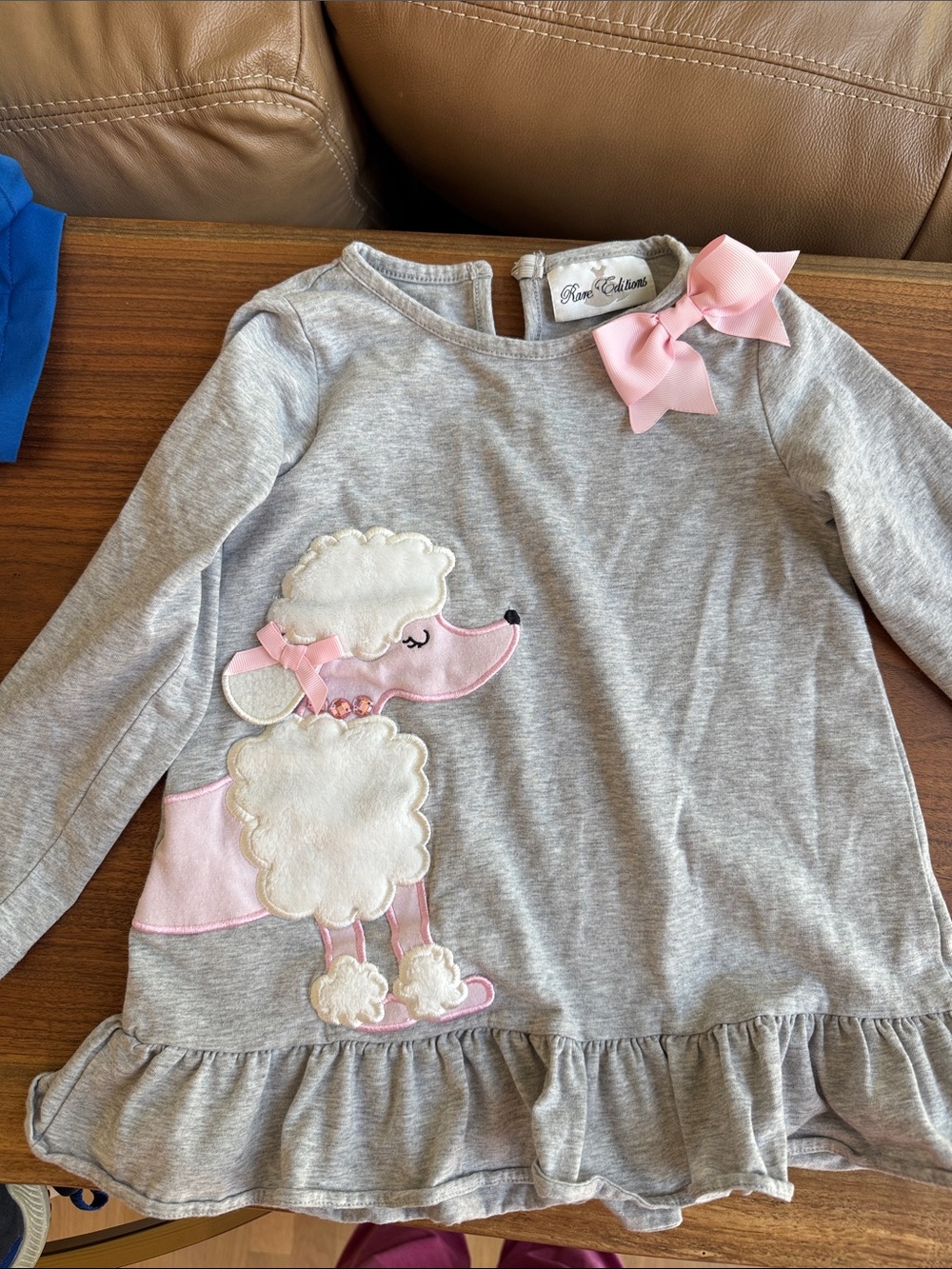 Rare Editions Gray Top with Pink Grosgrain Bow